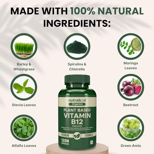 Image of Nutrabud Plant Based Vitamin B12 Supplement for Men, Women - 120 Capsules - 100% RDA of Natural B12 for High Absorption (120 Count (Pack of 1))