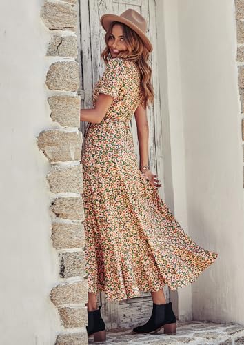 PRETTYGARDEN Women's Summer Maxi Dress Casual Wrap Floral Boho Short Sleeve V Neck Split Ruffle Beach Long Dresses