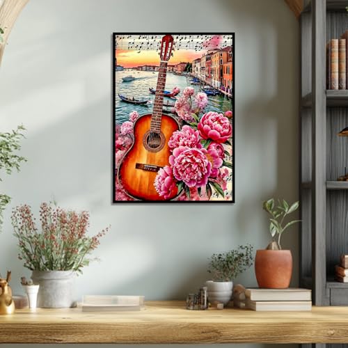 Image of AiYuanzsh 5D Diamond Painting Kits for Adults, Venice Sunset Guitar Diamond Art Kits for Adults Beginners, Peony Blooming DIY Full Drill Diamond Dot Gem Painting for Home Wall Decor 12x16 inch