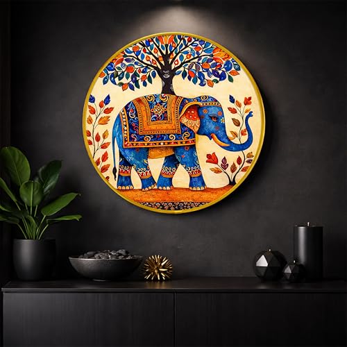 Image of Decorative Elephant Round Framed Wall Art Painting For Living Room | Traditional Floral Vastu Elephant Wall Art Painting with Frame for Home, Bedroom & Office, 16 Inch