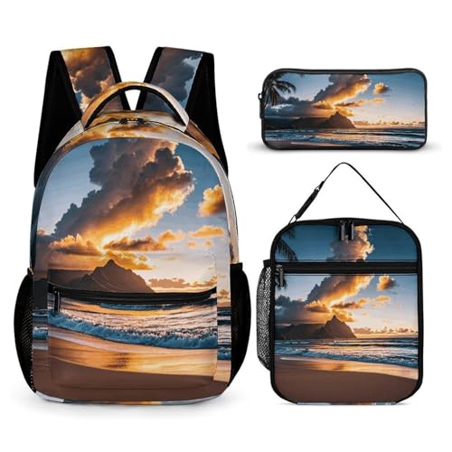 Beach Sunset Sea Clouds Backpack Set 3 Piece, Durable Backpack Insulated Lunch Bag Portable Pencil Case for Men Women