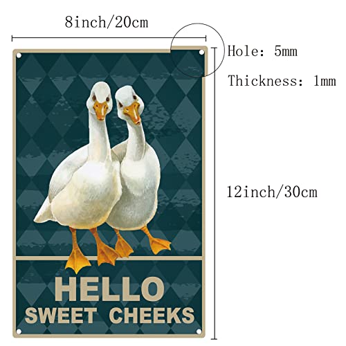 CREATCABIN Ducks Metal Tin Sign Hello Sweet Cheeks Funny Wall Decor Art Hanging Painting Plaques with Quotes for Farmhouse Home Living Room Bathroom Bedroom Bar Pub Cafe Hotel Restaurant 8 x 12inch - Image 2
