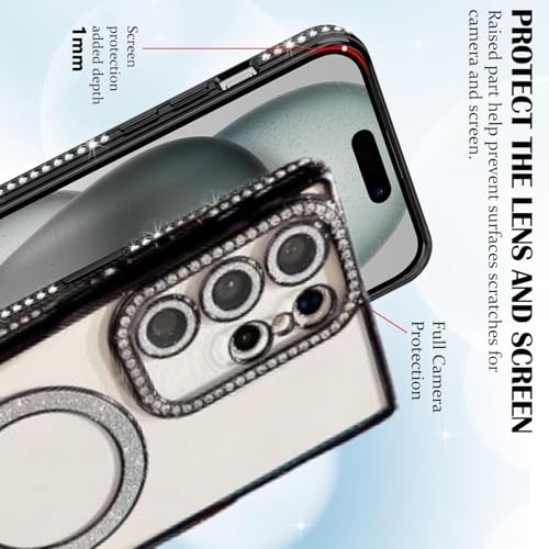 Image of for Samsung Galaxy Glitter Case,Luxury Bling Rhinestone Diamond Plated Bumper Case,MagSafe, Sparkle Camera Lens Protection Clear Back Cover (Black, for Samsung Galaxy S25 Ultra)