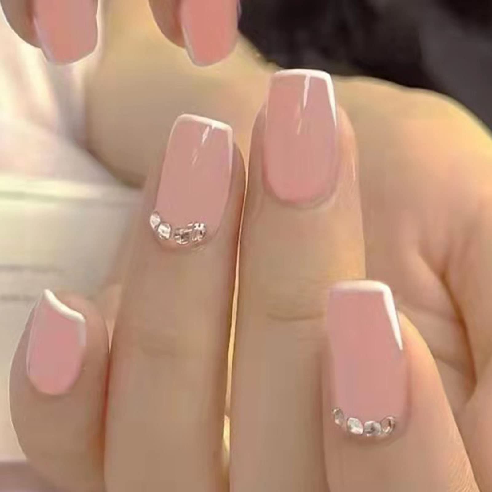 Amazon.com: Kamize Medium French Fake Nails Square Pink Press on Nails With  Rhinestones Tips Bling False Nails for Women and Grils : Beauty & Personal  Care