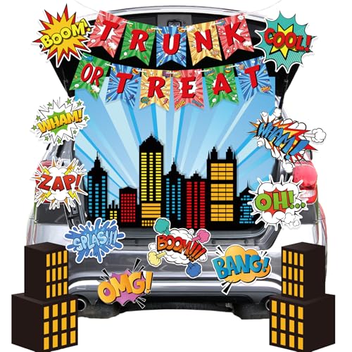 EchoElce Halloween Hero Trunk or Treat Car Decoration Kit for SUV Trunk or Treat Car Archway Garage Decoration with Hero Theme Stickers Box Background Cloth for Cars and SUV
