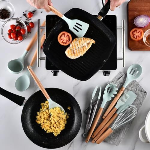 Kitchen Utensil Set, 12 PCS Silicone Cooking Utensils Set with Wooden Handle, Heat Resistant, Nonstick Cookware Tongs Spatula Spoon Set, Dishwasher Safe, Best Kitchen Tools (Green) - Image 5