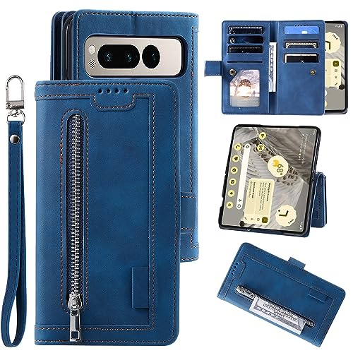 UEEBAI Funda tipo cartera para Google Pixel Fold, 9 ranuras para tarjetas, bolsillo con cremallera, cierre magnético, soporte con correa de muñeca, TPU a prueba de golpes, color azul