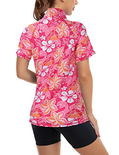 Koscacy Polo Shirts For Women,Exercise Yoga Quick-Dry Running Zip Up Tops Workout Daily Casual Lightweight Sweat-Wicking Training Fitted Gym Golf Clothes Pink Floral X-Large #TOP1