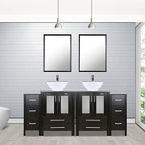 Eclife 72” Bathroom Vanity Sink Combo Black W/Side Cabinet Modern Stand W/Round White Ceramic Vessel Sink, Chrome Bathroom Solid Brass Faucet And Pop Up Drain Combo, W/Mirror (2A06 2B11) #TOP1