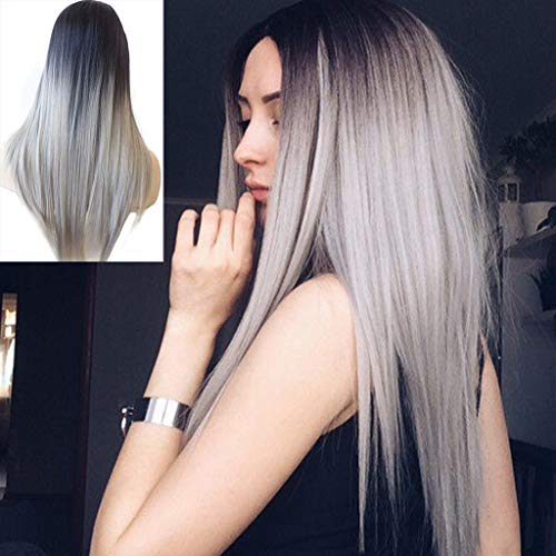 ATAYOU® Lange Synthetische Perücken (Schwarz zu Grau Ombre)