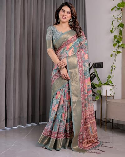 Image of ALMAARI FASHION Handloom Cotton Linen Saree for Women with Floral Printed Design and Tassel Pallu, Traditional Ethnic Lightweight Saree for Daily Office Festive with Blouse Piece