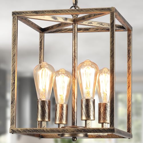 Qcyuui Bronce Lampara de Techo Colgante de 4 Luces Lámpara Colgante Industrial de Metal Para Vestíbulo, Rústica Colgante Accesorio de Iluminación