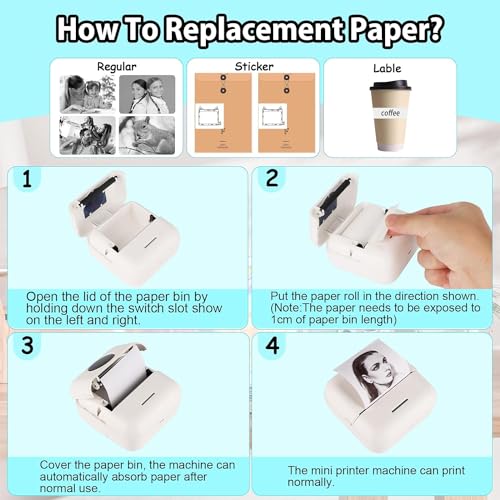 Image of 10Pcs Mini Printer Paper, 57 x 25 mm 5 Rolls Self Adhesive Thermal Paper Printable Sticker Paper and 5 Rolls White Printing Paper for Pocket Thermal Printer