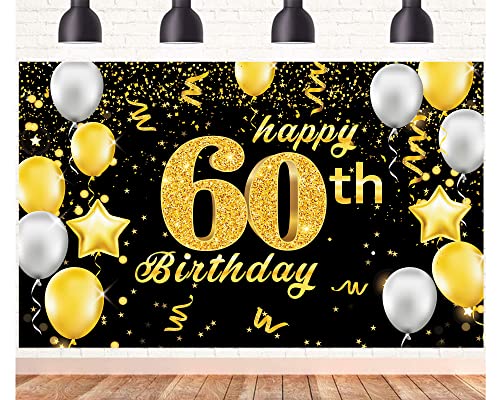 Happy 60th Birthday Banner,60th Birthday Decorations Black Gold,Party Backdrop Banner Fabric Banner for Men Women 60th Birthday Photo Backdrop,Photography Background,Outdoor Garden Table Wall Decor