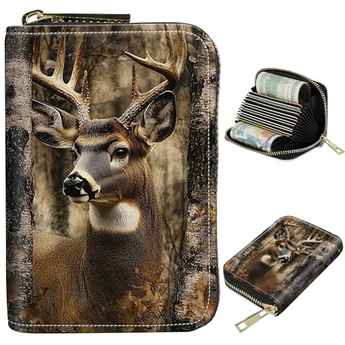 Image of Cute Credit Card Holder with Zipper, Camo Deer Tree RFID-Blocking Card Case Small Wallet for Women Men, Multi-slot Card Organizer Case Travel Accordion Wallet