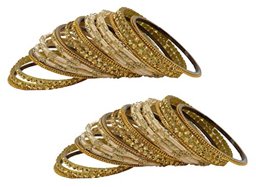 Image of NMII Glass and Beads with Threads pattern Bangles set for Women /Girls,(cream 2.4 Inch), Pack of 40 Bangles
