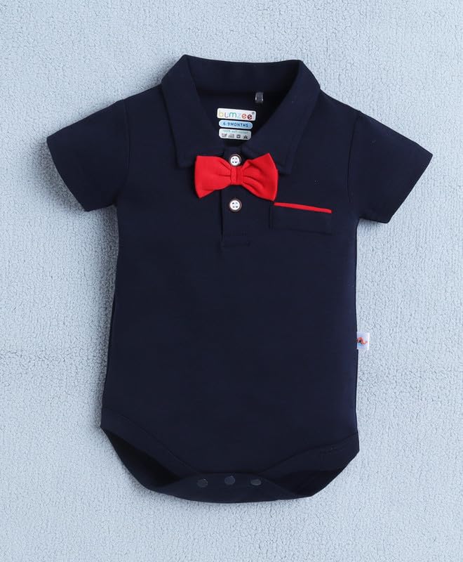 Image of BUMZEE Boys Regular Fit Half Sleeves Collar Neck Cotton Bodysuit & Short Set With Applique Bow Suspender & Cap
