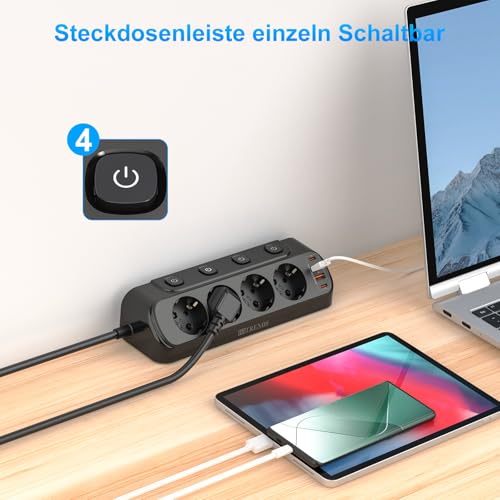 Tischsteckdose mit USB,8 in 1 Steckdosenverteiler Flachstecker mit 3M Kabel für Smartphones,4-Fach Schaltbar, 2 USB-C, 2 USB-A,Steckdosenleiste Schreibtisch einzeln Schaltbar, Schwarz 3
