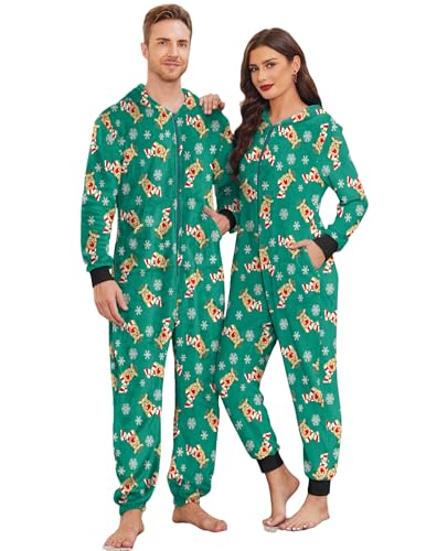 Ekouaer Christmas Matching Onesie for Couples Fleece Hoodie One Piece Zipper Pajamas with Pockets S-XXL