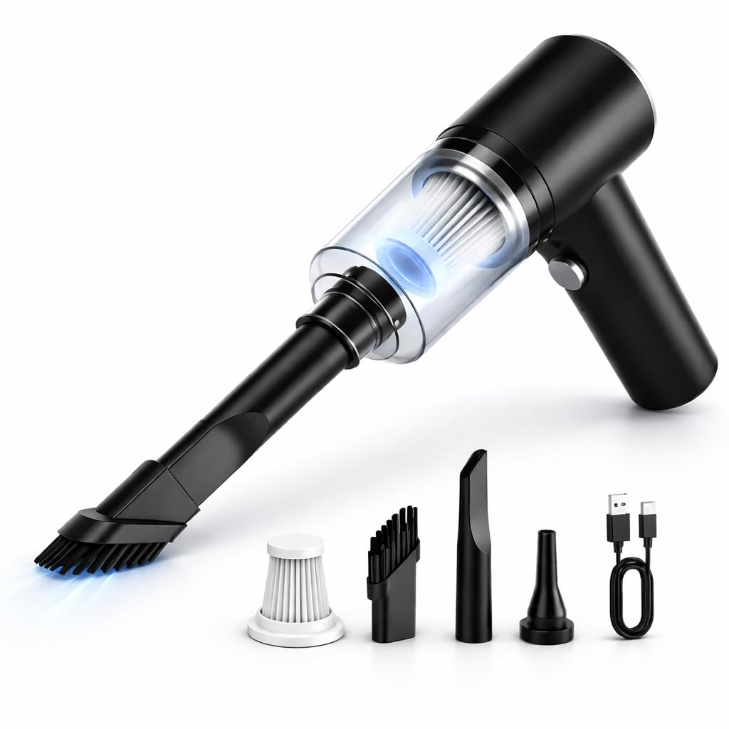 Aspirador Portátil Sem Fio Preto, Recarregável USB-C, com Acessórios | Sucção 6000Pa,