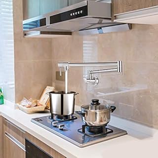 KWODE Pot Filler Faucet Commercial Wall Mount Kitchen Sink Stainless Steel Brushed Folding Double Joint Stretchable 24 Inch Swing Arm Spout 2 Two Handles with Single Hole