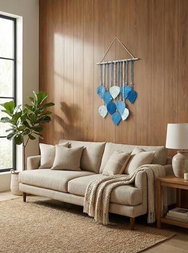 Image of JH Gallery Macrame Leaf Wall Hanging, Boho Theme Home Decor Tapestry with Wooden Beads, Handmade Macrame Wall Decor for Bedroom, Living Room and Balcony. (Blue and White)