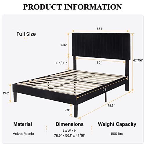 Image of SHA CERLIN Full Upholstered Platform Bed Frame with Adjustable Headboard /Vertical Channel Tufted Velvet Fabric /Wooden Slats Support /Mattress Foundation /Box Spring Optional /Black