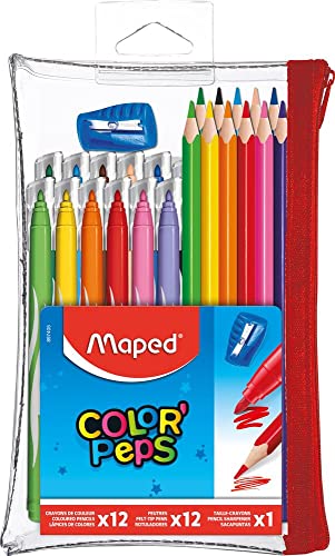 Maped - Trousse Garnie Transparente Color'Peps - 12 Crayons de couleur + 12 Feutres Lavables et...