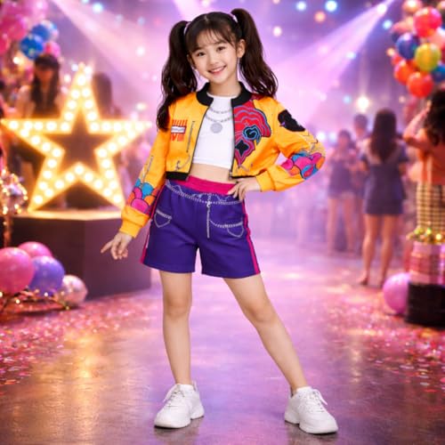 Image of Wanna Party Korean Pop Band Theme Rumi Costume for Girls Size L | Yellow Orange & Navy Idol Outfit Set with Jacket & Shorts | Kids Pop Star Fancy Dress for Dance, Stage, Halloween & Theme Parties