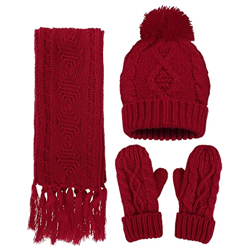 Hat Gloves Scarf Set Women 3 in 1 Soft Warm Thick Cable Hat Scarf & Gloves Winter Set, Red Hat Gloves Scarf Set Women 3 in 1 Soft Warm Thick Cable Hat Scarf & Gloves Winter Set, Red