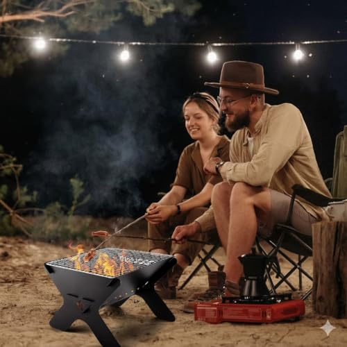 Image of Barbeque Grills - Foldable Charcoal Barbeque, Camping Fire Pit, Portable Fire Pit for Camping, 2 in 1 Wood Burning Fire pit Grill with Detachable Cooking Grate for Outdoor BBQ, with Carry Bag