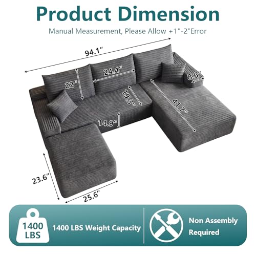 Image of 95 inch U-Shape Cloud Couch, Modern Modular Sectional L-Shape Sofa with Ottoman, Corduroy Upholstered Couches Deep Seat Sleeper Chaise Longue for Living Room, No Assembly Required(Dark Gray, Right Facing)