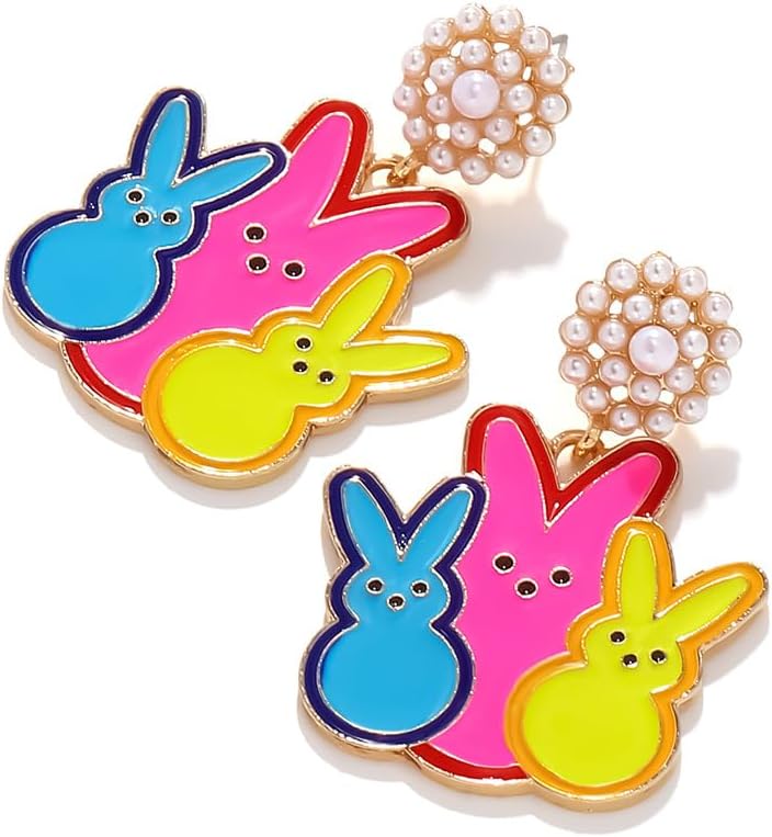 Easter Earrings Colorful Beaded Enamel Bunny Rabbit Dangle Earrings Funny Colored Egg Happy Easter Letter Statement Earrings Jewelry Bunny Gift Easter Decors for Women - Image 2