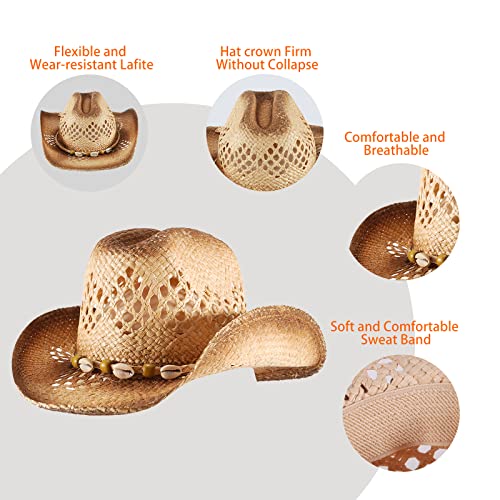 Image of Men's Cowboy Hats Summer Women Beach Cowgirl Hat Raffia Unisex Western Sun Hat