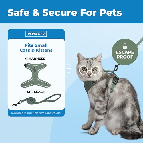 Image of Voyager Escape-Proof Step-in Lock Cat Harness & 5ft Neoprene-Handle Leash Set All-Weather Mesh with Reflective Stitching for Small to Large Cats by Best Pet Supplies, Moss Green (327), M