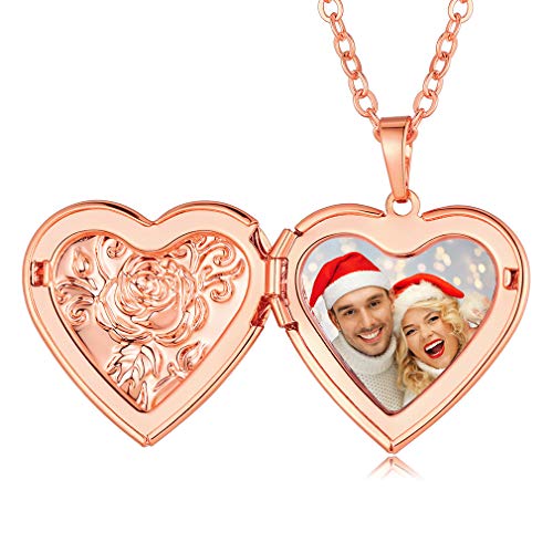 Custom4U Gold Plated Copper Locket Vintage Style Embossed Flower Locket with Photo Inside, Heart Locket Necklace for Girls Heart Shape Pendant Custom Locket Necklace that Holds Pictures Old Fashion