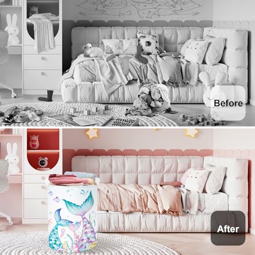 HUUMONSS Mermaid Tail Baby Laundry Hamper Collapsible Clothes Kids Storage Basket Large Girls Gift Toy Box Bin for Nursery Room, Colorful, 63L