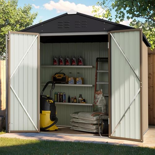 Image of GUNJI 6 x 4 FT Shed Outdoor Storage Shed Metal Garden Shed with Lockable Door Outside Waterproof Tool Shed for Backyard, Patio, Lawn (Brown)