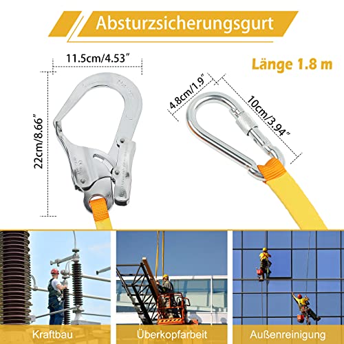MaxEarn 1,8 m Absturzsicherung Sicherheitsgurt, Hochfester Polyester Fallschutz Sicherheitsseil, Klettergurt Sicherheitsleine mit Legierungsstahl Karabinerhaken für Outdoor Arbeiten in Höhe