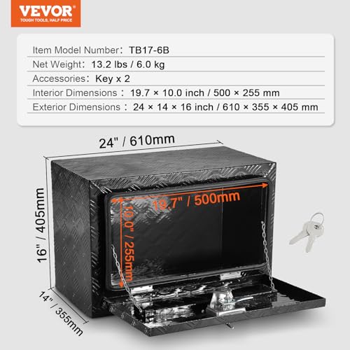 VEVOR Underbody Truck Box, 24" x 14" x 16" Pickup Storage Box, Heavy Duty Aluminum Diamond Plate Tool Box with Lock and Keys, Waterproof Trailer Storage Box with T-Handle Latch for Truck, Van, Trailer by VEVOR - Image 7