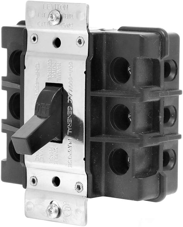 Leviton 60 Amp, 600 Volt, Toggle 3-Pole AC Motor Starter, MS603-FW, Black