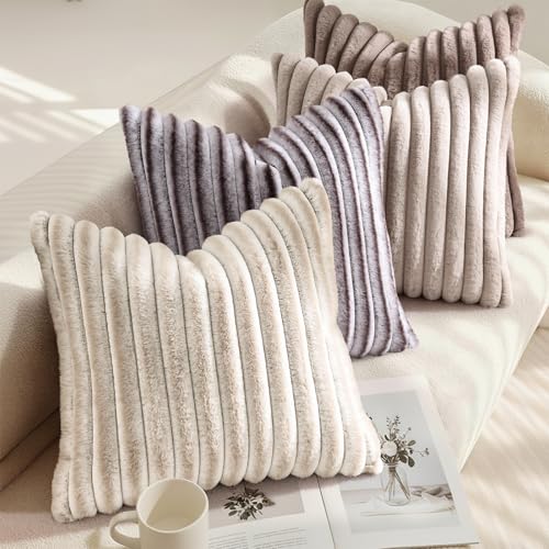 Image of decorUhome Fall Cozy Faux Fur Throw Pillow Covers 18x18 Set of 2 Decorative Soft Plush Striped Modern Farmhouse Boho Couch Pillow Cases with Velvet Back for Sofa Bed Living Room, Beige White