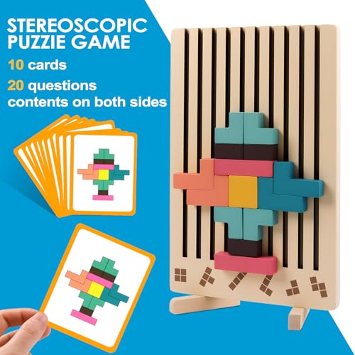 Havnidy Quebra-cabeças de madeira empilhável, conjunto Montessori 3D, blocos 3D com 10 cartões, brinquedo educativo