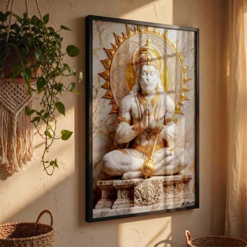 Image of CRAFTLYN Hindu God Wall Art WALL ART Prints Framed Spiritual Religious Paintings for Living Room, Pooja Room, Bedroom, Office, Meditation Room, Home Decor (Hanuman ji, 13X19, Black)