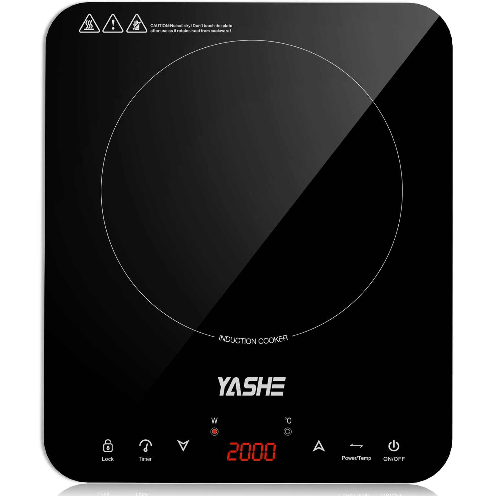 YASHE Plaque à Induction Portable 2000W, Réchaud Induction avec Commande Tactile, 10 Niveaux de Puissance et 10 Températures, Minuterie 4H, Verrouillage Enfant, Vitrocéramique