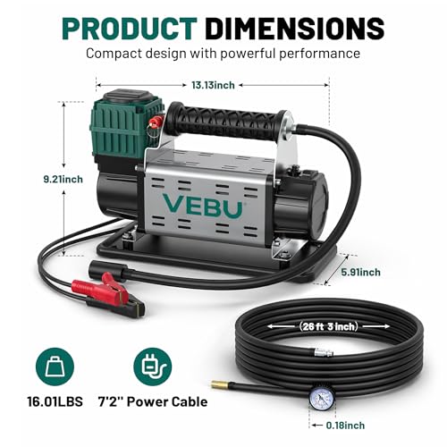 Image of 12V Air Compressor, 125PSI Tire Inflator with In-line Pressure Gauge, 5.65CFM Fast Inflation for Off-road Vehicles, Trucks, SUVs, RVs, ATVs, DC Power, Corded Electric
