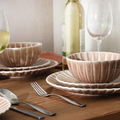 Image of Gibson Elite Peach Orchard 12-Piece New Bone China Dinnerware Set Service for 4, Embossed Fluted Plates and Bowls, Dishwasher and Microwave Safe, Mauve Rose