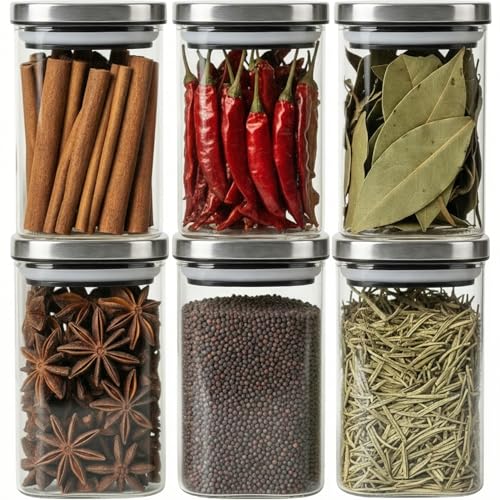 Image of ginoya brothers Airtight Borosilicate Glass Square Jar With Wooden Or Steel Lid Multi-Size, Container for Spices, Coffee, Grains, Snacks & Kitchen Organization (6, STEEL LID, 270 ML)