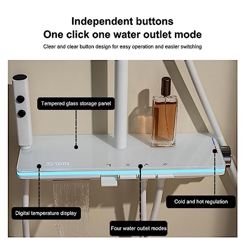 Shower Panel, Digital Display Shower Set, Piano Button Ambient Light Shower System Set Modern Showers, for Bathroom Brass Glass Shelf Shower (White ct) miniatura 4