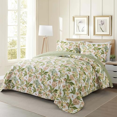 NEWLAKE Cotton Bedspread Quilt Sets - Reversible Patchwork Coverlet Set, Green/Pink Floral Pattern, Queen Size